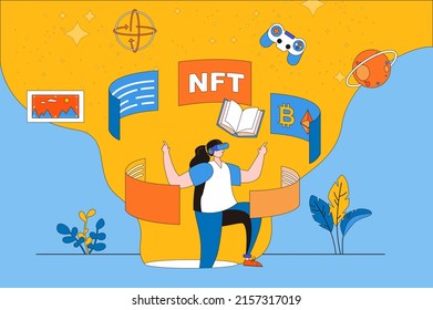 Metaverse Web Concept In Flat 2d Design. Woman In VR Glasses Interacting With Augmented Reality For Games, Learning, Collecting NFT Art And Crypto Investment. Vector Illustration With People Scene