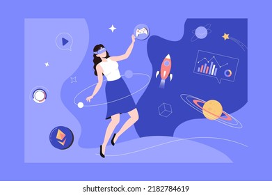 Metaverse web concept with people scene in flat blue design. Woman in VR glasses interacts with virtual reality in augmented simulation space and playing video game with planets. Vector illustration