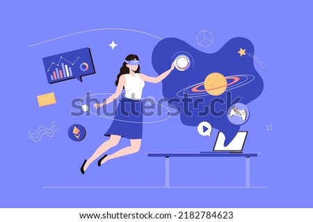 Metaverse web concept with people scene in flat blue design. Woman in VR glasses interacts with virtual objects in augmented reality simulation, playing game or does research. Vector illustration