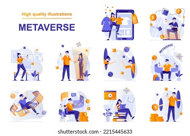 Metaverse concepto web con escenas de personas ambientadas en estilo plano. Conjunto de realidad virtual aumentada para compras en línea, juegos, comunicación, ciencia, estudio. Ilustración de vector con diseño de caracteres