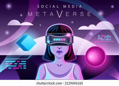 Metaverse Woman in VR glasses Virtual reality background vector