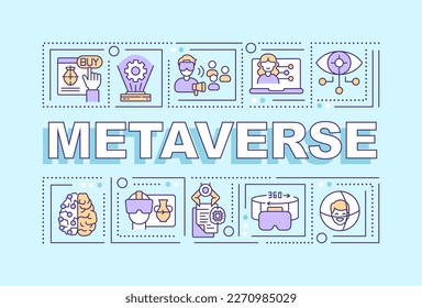 Metaverse word concepts blue banner. Virtual reality technology. Infographics with editable icons on color background. Isolated typography. Vector illustration with text. Arial-Black font used