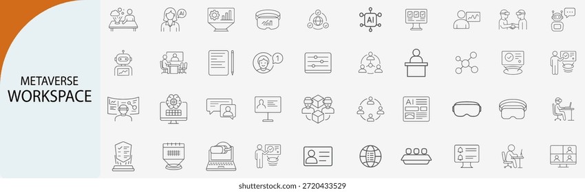 metaverse workspace and virtual reality office set, outline vector icons, black