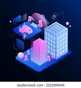 Metaverse World Builder Illustration. Buildings and a Park with a Pond. Metaworld. Vector illustration