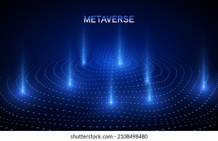 Metaverse world map globe blue light dots pattern wavy background in concept Metaverse, virtual reality, augmented reality and blockchain technology.