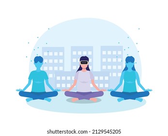 Metaverse yoga vector concept. Young woman using VR goggles while training yoga in the metaverse