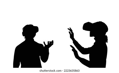 Metaverse's digital cyberspace technology depicts a dark silhouette of a man and a woman wearing augmented reality glasses. vector illustration