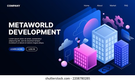 Metaworld Development. Metaverse. Landing Page Template. Vector illustration