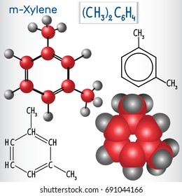 Meta-xylene (m-xylene) molecule - structural chemical formula and model. Vector illustration