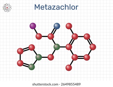 Molécula de metazacloro. Herbicida cloroacetanilida usado para controle seletivo de ervas daninhas em culturas. Folha de papel em uma gaiola. Ilustração vetorial