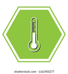 Meteo diagnostic technology thermometer sign. Vector. White icon with black shadow at yellow green honeycomb on white background.