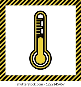Meteo diagnostic technology thermometer sign. Vector. Warm yellow icon with black contour in frame named as under construction at white background. Isolated.