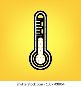 Meteo diagnostic technology thermometer sign. Vector. Yellow polka dot white icon with black contour at warm yellow background.
