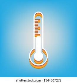 Meteo diagnostic technology thermometer sign. Vector. White icon with 3d warm-colored gradient body at sky blue background.