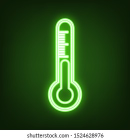 Meteo diagnostic technology thermometer sign. Green neon icon in the dark. Blurred lightening. Illustration.