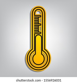 Meteo diagnostic technology thermometer sign. Flat orange icon with overlapping linear black icon with gray shadow at whitish background. Illustration.