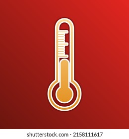 Meteo diagnostic technology thermometer sign. Golden gradient Icon with contours on redish Background. Illustration.