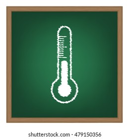 Meteo diagnostic technology thermometer sign. White chalk effect on green school board.
