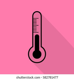 Meteo diagnostic technology thermometer sign. Black icon with flat style shadow path on pink background.