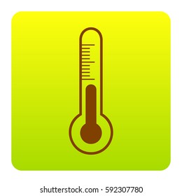 Meteo diagnostic technology thermometer sign. Vector. Brown icon at green-yellow gradient square with rounded corners on white background. Isolated.