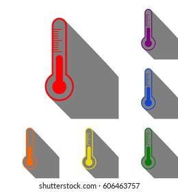 Meteo diagnostic technology thermometer sign. Set of red, orange, yellow, green, blue and violet icons at white background with flat shadow.
