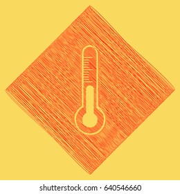 Meteo diagnostic technology thermometer sign. Vector. Red scribble icon obtained as a result of subtraction rhomb and path. Royal yellow background.
