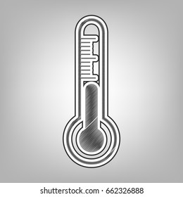 Meteo diagnostic technology thermometer sign. Vector. Pencil sketch imitation. Dark gray scribble icon with dark gray outer contour at gray background.