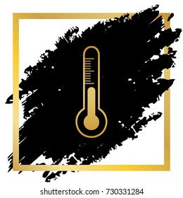 Meteo diagnostic technology thermometer sign. Vector. Golden icon at black spot inside golden frame on white background.