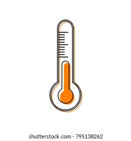 Meteo diagnostic technology thermometer sign. Vector. Black line icon with shifted flat orange filled icon on white background. Isolated.