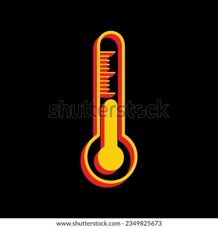 Meteo diagnostic technology thermometer sign. 3D Extruded Yellow Icon with Red Sides a Black background. Illustration.