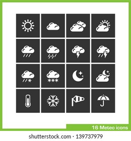 Meteo icon set. Vector white pictograms for web, computer and mobile apps, internet, interface design: weather cast, sun, cloud, rain, snow, moon, night, thermometer, snowflake, wind, umbrella symbol