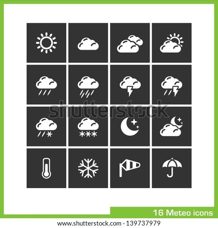 Meteo icon set. Vector white pictograms for web, computer and mobile apps, internet, interface design: weather cast, sun, cloud, rain, snow, moon, night, thermometer, snowflake, wind, umbrella symbol