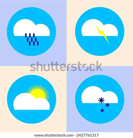Meteo icons on a colored background. Meteo icons. Set of meteo icons. Set. Weather icons. Piktogramm. Symbol. Meteo. Sun. Cloud. Snow. Rain. Hail. Images. Vector. Cartoon. 