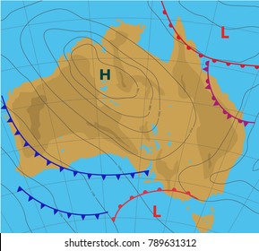 Meteologic Weather Forecast On The Map Of Australia. Contour Card Background.