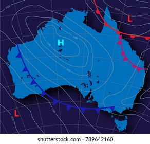 Meteologic Weather Forecast On The Map Of Australia On A Dark Background. Vector Illustration.