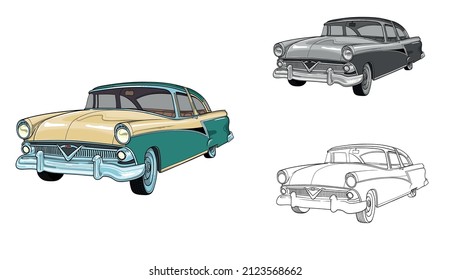 meteor 1955  retro vintage vector car, sketch automobile and black and white illustration, isolated on white background