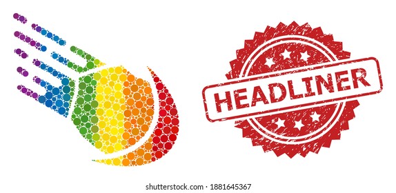 Meteor collage icon of filled circle elements in variable sizes and LGBT color tints, and Headliner textured rosette stamp seal. A dotted LGBT-colored Meteor for lesbians, gays, transgenders,