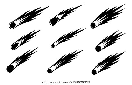 Meteor Comet Falling Star Vector Illustration Silhouette Set for Space Science Astronomy Education and Sci-Fi Graphic Design Template