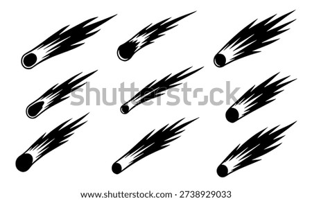 Meteor Comet Falling Star Vector Illustration Silhouette Set for Space Science Astronomy Education and Sci-Fi Graphic Design Template
