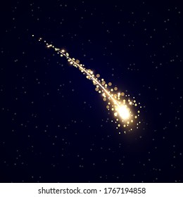Meteor or comet on space background. Gold light effect