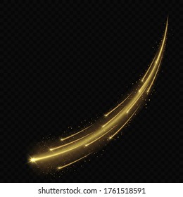 Meteor or comet on transparent background. Gold light effect