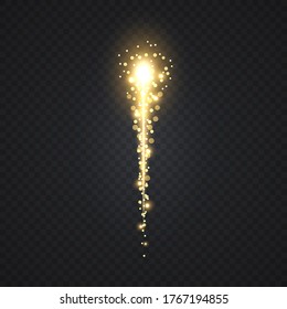 Meteor or comet on transparent background. Gold light effect