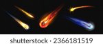 Meteor or comet space trail fire light vector effect. 3d isolated realistic meteorite flame speed glow. Night planet tail sparkle. Missile burn or fireball shooting ui vfx astronomy illustration.