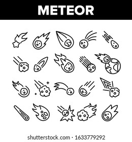 Meteor Cosmic Body Collection Icons Set Vector Thin Line. Space Meteor, Asteroid With Flame Tail, Burning Comet Flying On Earth Concept Linear Pictograms. Monochrome Contour Illustrations