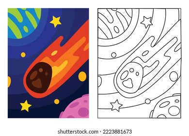 Meteor cross the space coloring page for kids drawing education. Simple cartoon illustration in fantasy theme for coloring book