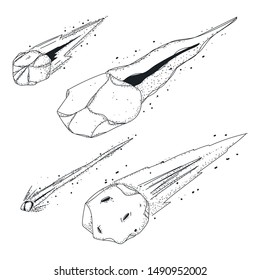 Meteor doodles vector sketch icons set isolated on a white background.