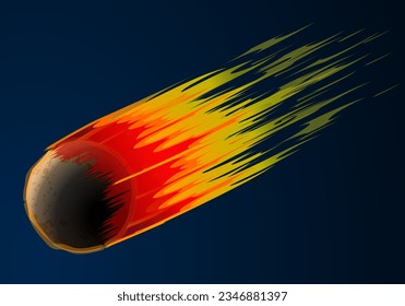 Meteor runter schnell, Trail. Fallender Kometen-Feuerstich. Feuerballflamme brennen, fliegen Meteoritpartikel. Stern in die Atmosphäre schießen. Dunkelblauer Raum. Illustrationsvektor