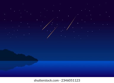 Meteor fall from space, sea at night with perseid meteor