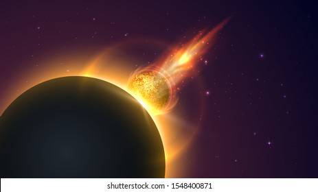 Meteor Flying To The Planet, Apocalypse, Collision Of Planets, Space Catastrophe