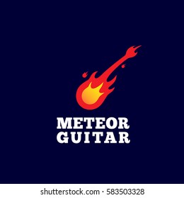 Meteor Guitar Abstract Vector Sign, Emblem or Logo Template. Music Instrument Shaped Comet Silhouette. On Dark Blue Background.